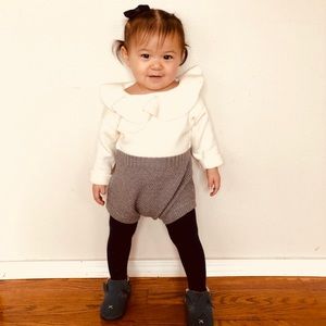 Ruffled Color Contrast Long Sleeve Crochet Romper